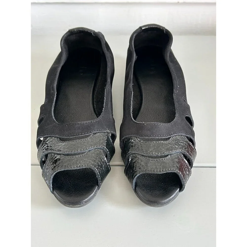 New Arche Womens Black Mix Leather Suede Cutout Ninova Peep Toe Flat EUR Size 37